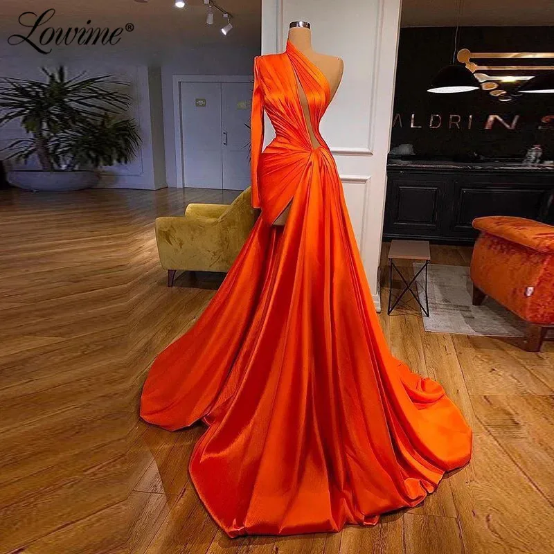 

Lowime Orange Formal Evening Dresses Dubai One Shoulder Long Train Vestido De Fiesta De Gala Arabic Satin Party Dress 2021 Robes