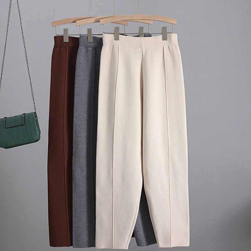 

GIGOGOU Knitted Thick Warm Pants Vertival Striped Women Harem Pants Autumn WinterSolid Peg Leg Fly Pants Workwear Carrot Trouser