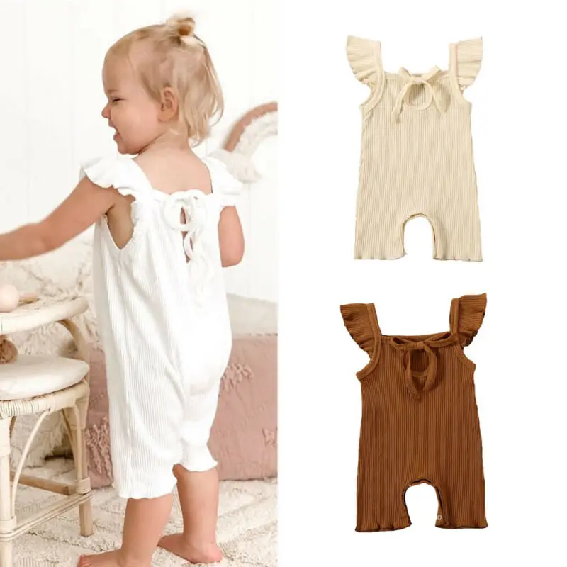 

Baby Girls Summer Ribbed Romper Ruffle Sleeve Solid Color Knitted Jumpsuit One-piece Sleeveless Bodysuit