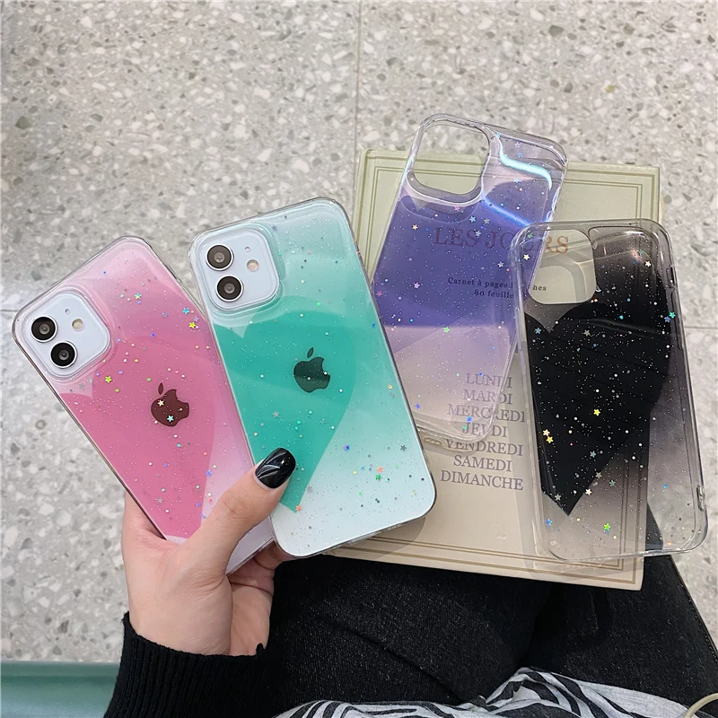 

Glitter Powder Love Heart Clear Phone Case For iPhone 12 11 Pro MAX Mini XS X XR 7 8 Plus SE2 Bling Gradient Transparent Cover