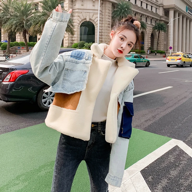 

Patchowrk Lambswool Denim Jacket For Women Lapel Long Sleeve Tassel Casual Coat Female 2020 Winter Fashion New Tide