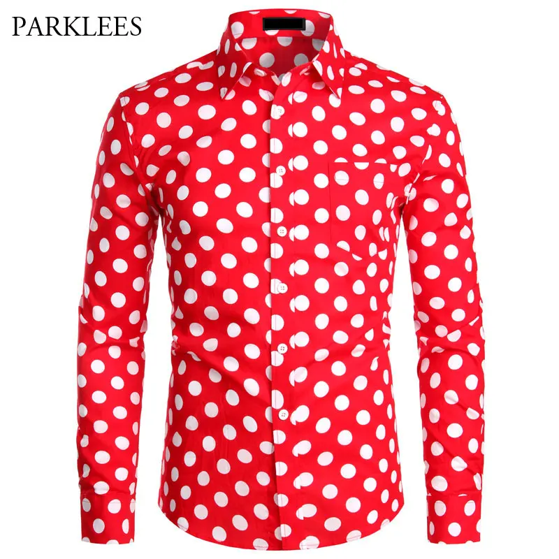Red Mens Polka Dot Shirt Casual Button Up Dress Shirts Men Chemise Homme Party Club Male Shirts Garden Point Camisas Masculina