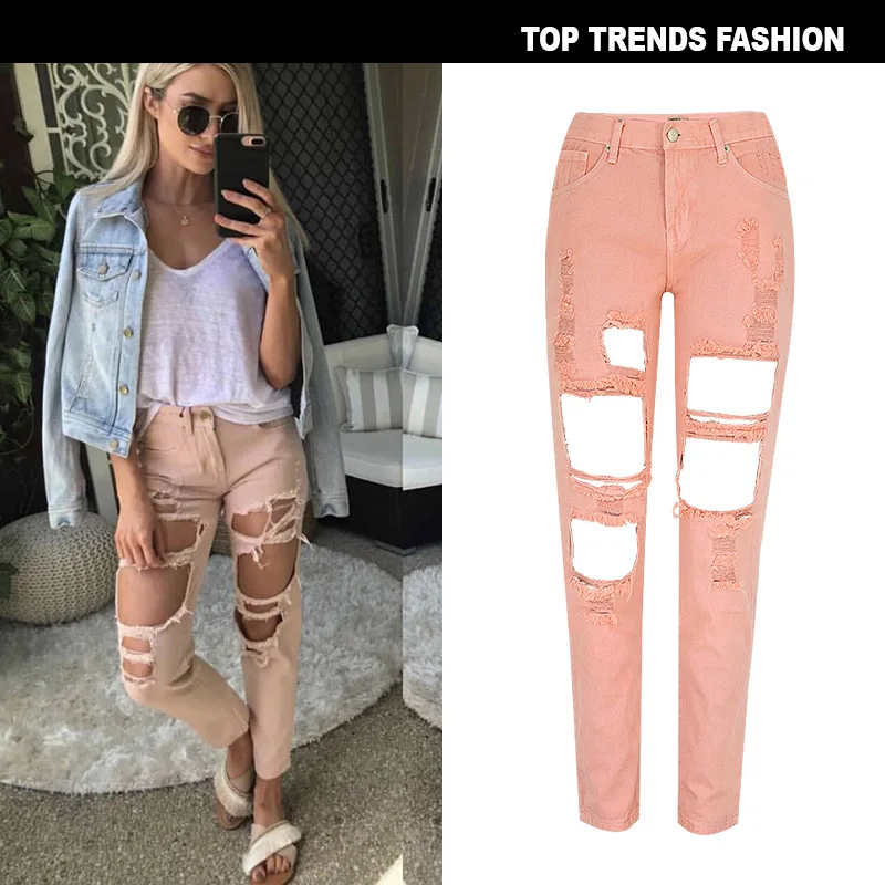 

sweet pink irregular ripped loose leisure jeans clothes for women