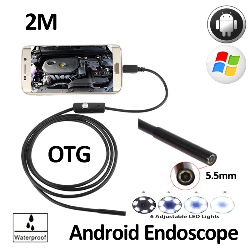 

2 м андроид OTG эндоскоп камера Android телефон Гибкая Водонепроницаемая USB трубка осмотр Android USB бороскоп камера 6 светодиодов