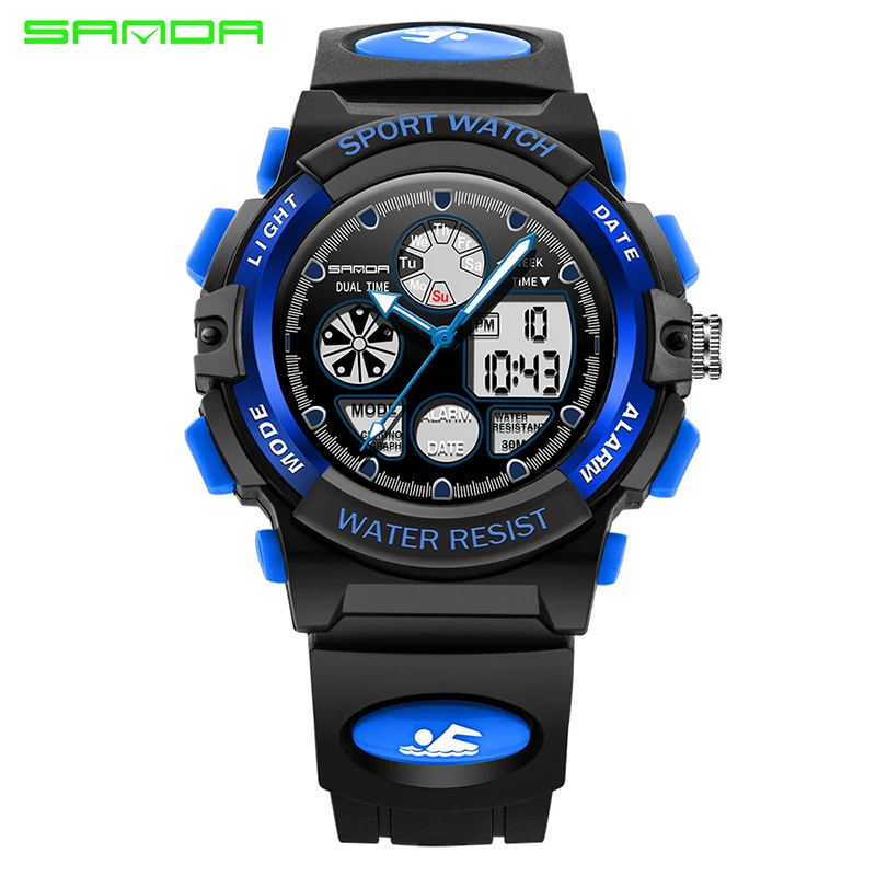 SANDA 116 Children Sport Digital Watch Fashion LED Wristwatch For Boys Alarm Clock Waterproof Back Light Kids Dual Display Band | Наручные