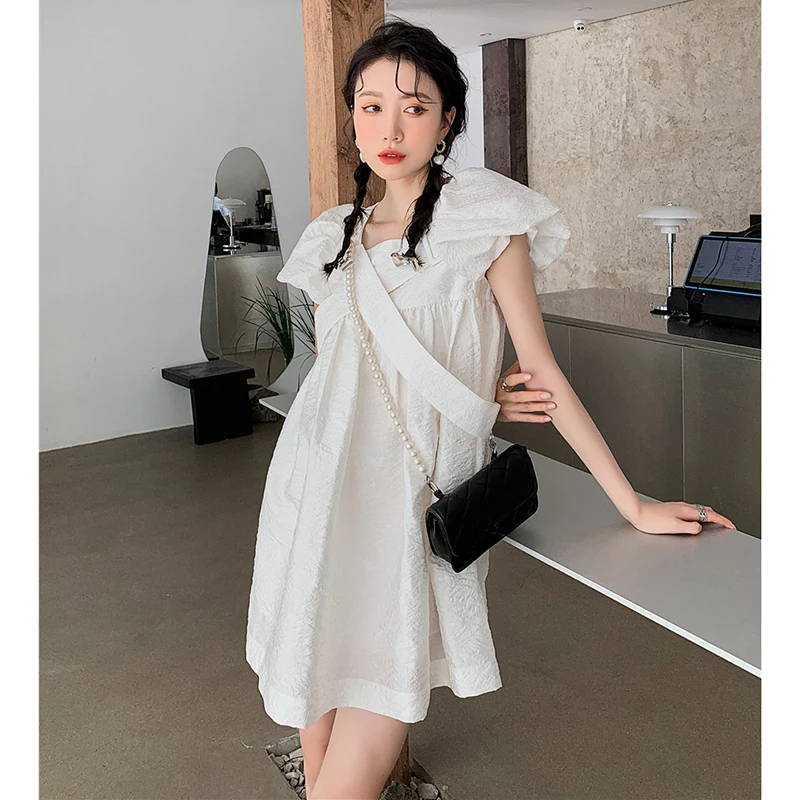 

New Fashion Casual Female Skirt Summer High Quality Crossover Loose Bud Sleeves Ladies Embossed Fabric Women Dress L3