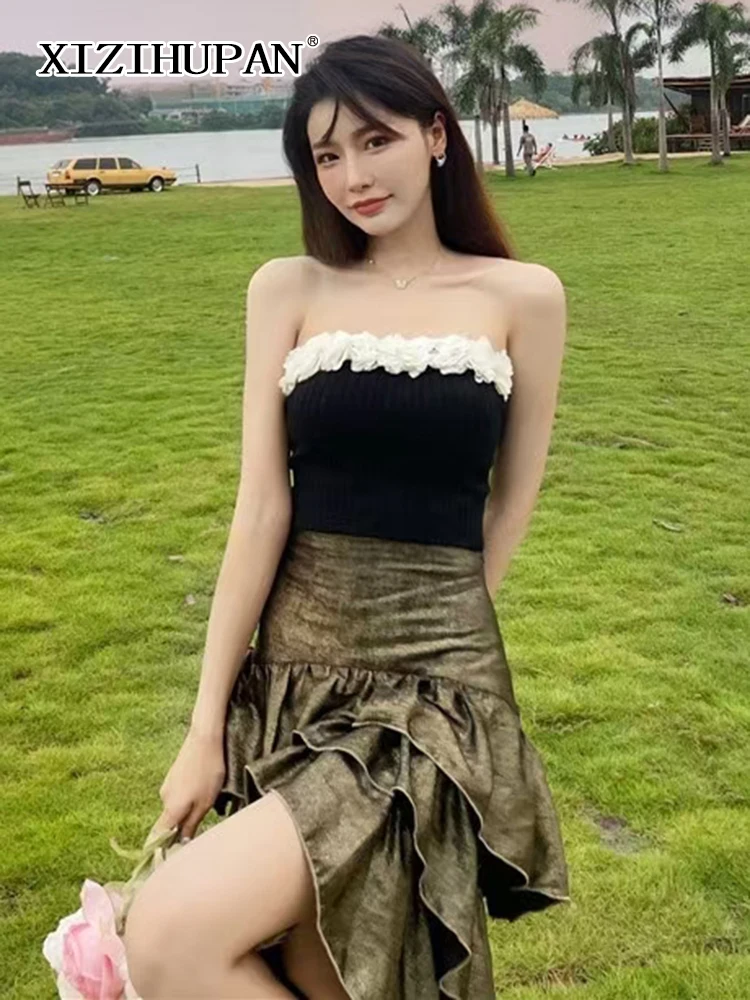 

XIZIHUPAN Sexy Patchwork Floral Knitting Vest For Women Slash Neck Sleevless Slim Minimalist Casual Tank Tops Female Autumn New