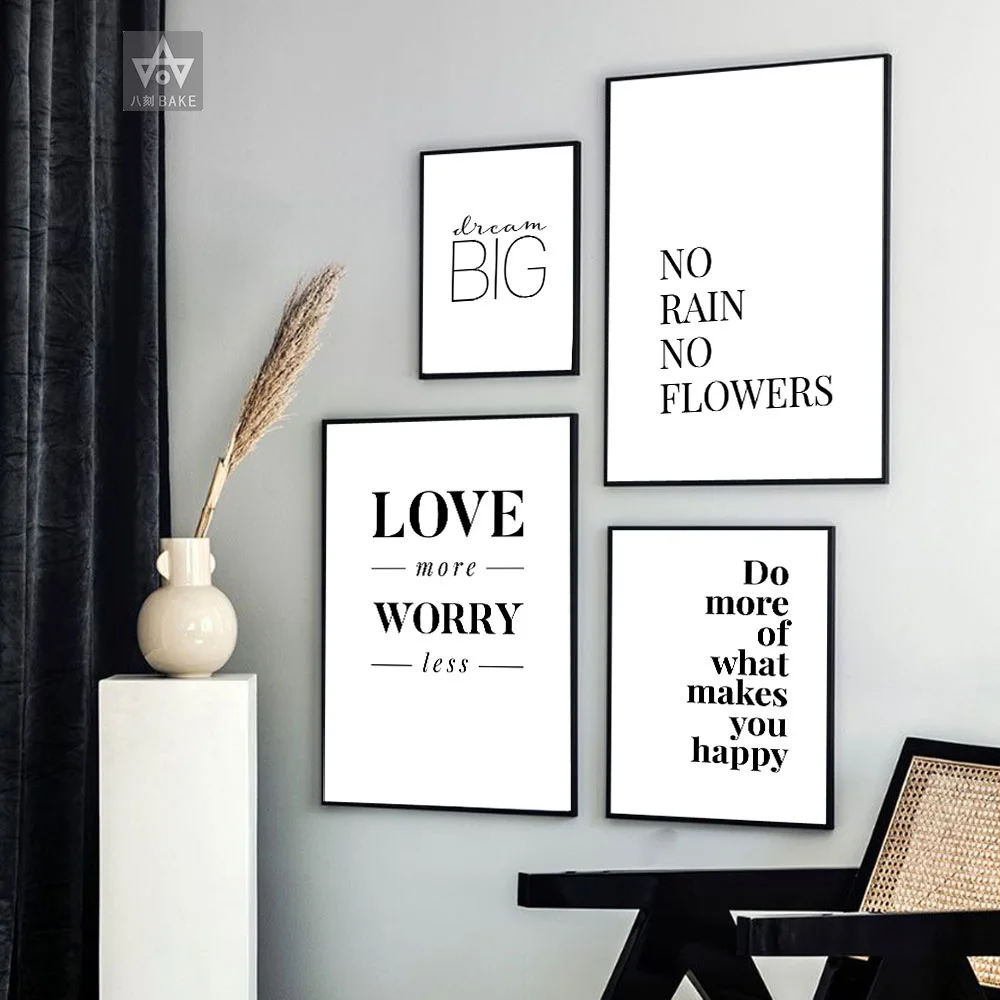 

Love Worry Inspiring Quotes Wall Art Canvas Painting Letter Black and White Wall Poster Prints For Living Room Modern Home Decor
