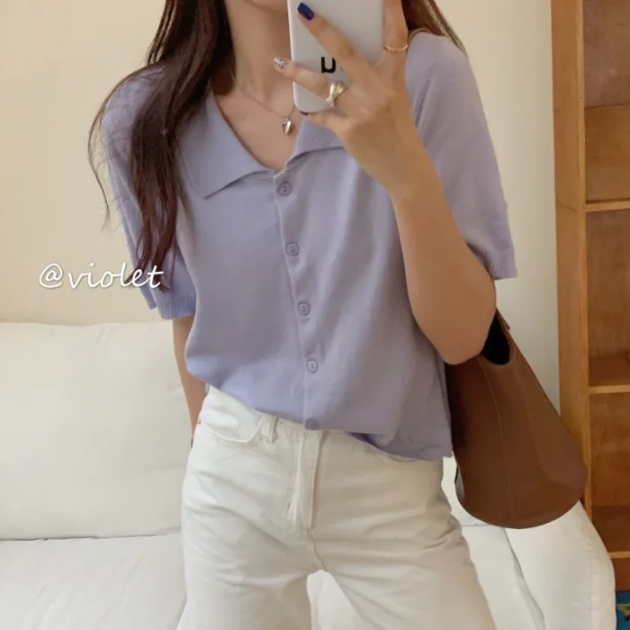 

Воротник-поло с короткими трикотаж с рукавами для женщин на весну и лето 2021 новый западный Стиль интернет-знаменитость жареные улица молодо...