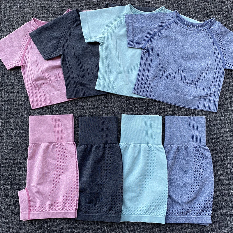 

Seamless Women Vital Yoga Set Workout Shirts Sport Pants Bra Gym Clothing Short Crop Top High Waist Running Leggings Sports Set