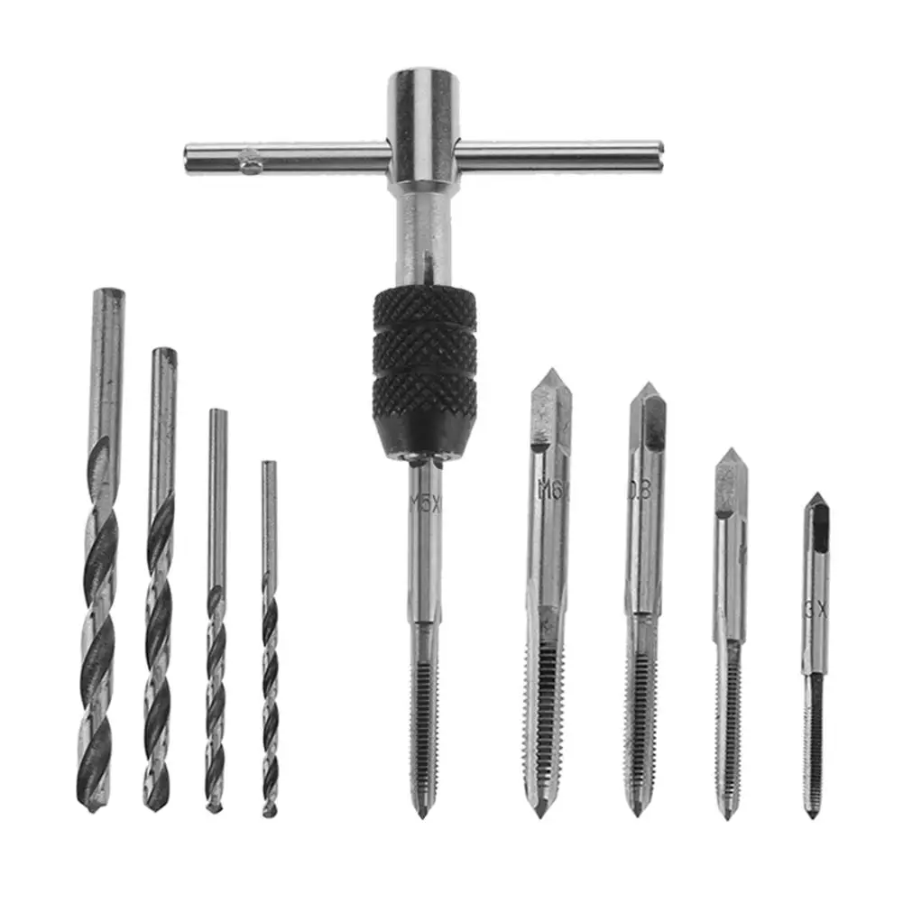 

9pcs M3/M4/M5/M6 Hand Screw Thread Metric Plug Tap Set IY Tool Reamer Twist Drill Bits Adjustable TapWrench Tool