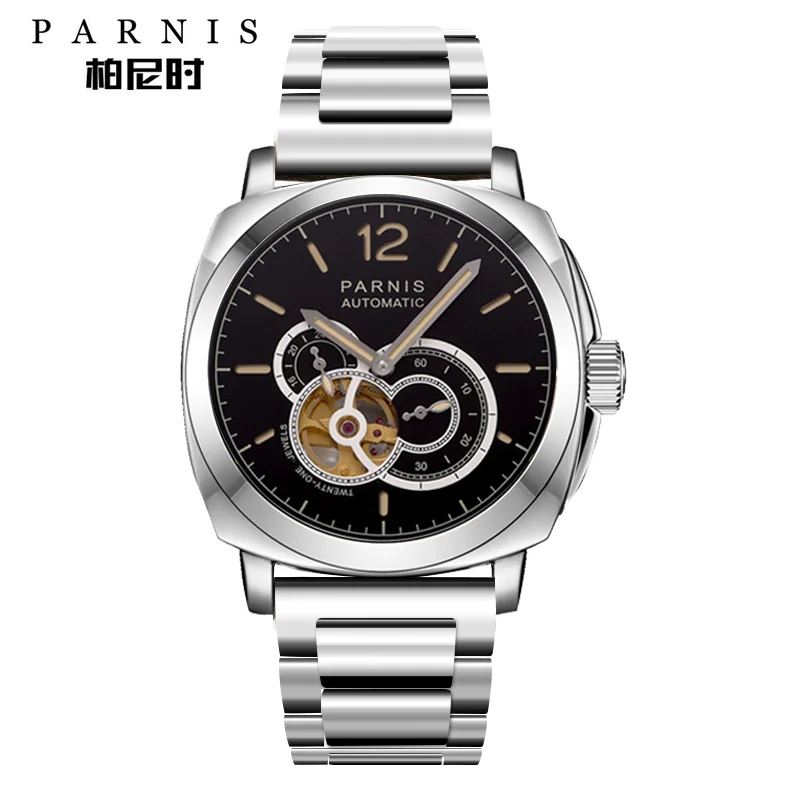 steel silver Parnis, 44 мм, черный чехол, Мужские автоматические часы со скелетом, 21 драгоценность, светящиеся Мужские механические часы, водонепроницаемые, relogios masculinos - Цвет: steel silver
