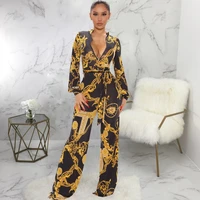 womens deep v neck jumpsuits office lady fashion print lace up jumpsuits full sleeve autumn rompers high waist wide leg pants