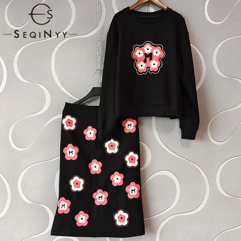 

SEQINYY Black Fashion Set Spring Autumn New Design Women Runway Pullovers Top + Knee Pencil Skirt Pink Flowers Embroidery
