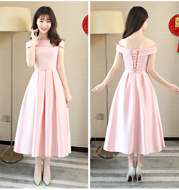 Женское атласное платье подружки невесты элегантное розовое длиной ниже колена