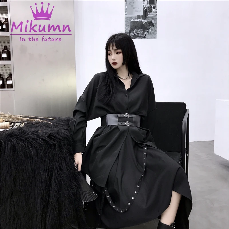 Harajuku женская блузка Панк Черные винтажные готические рубашки с длинным рукавом с отложным воротником Женская рубашка Топ Blusas Femininas с поясом