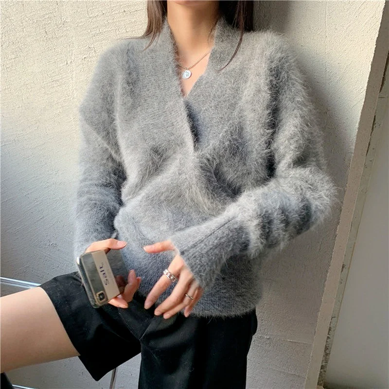 

New Autumn Winter 2023 White Long-sleeve Knitting Jumper Female Fall New Soft Pullover Ladies Woman V-neck Mink Cashmere Sweater