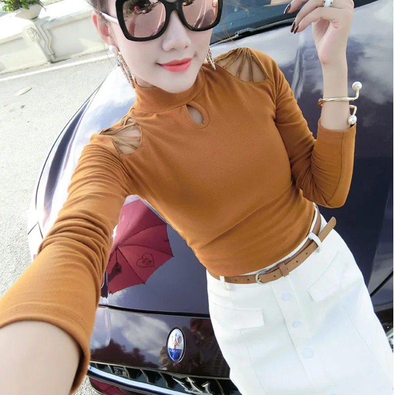Осень-зима 2020 винтажная одежда женская футболка с воротником хомут корейские