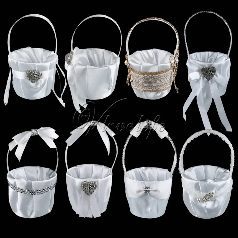 Оптовая продажа белая атласная Цветочная корзина с бантом сердце стразы жемчуг