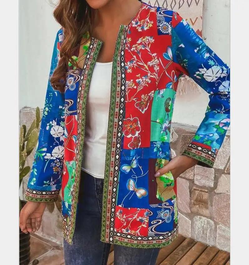 Осенние женские пальто и куртки с этническим цветочным принтом зимние Ретро