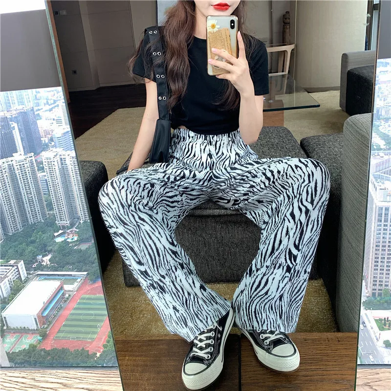 

WEPBEL Casual Elastic High Waist Print Pants Women Spring Summer Straight Loose Fashion Trousers Wide Leg Femme Pants