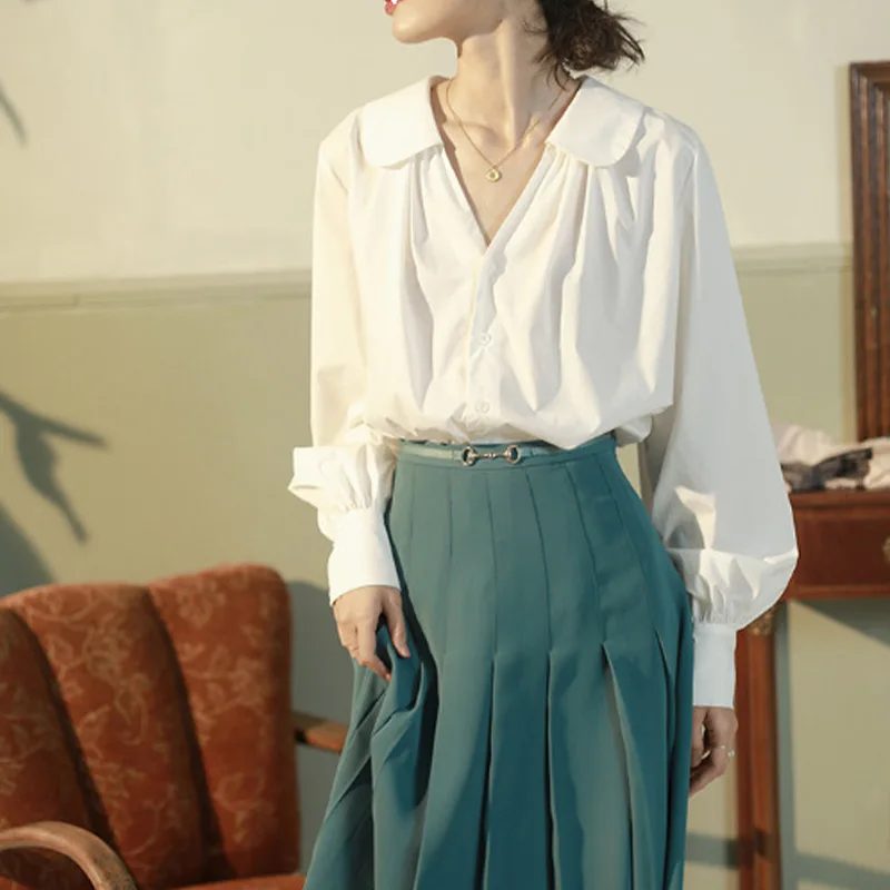 

Vintage Flods Peter Pan Collar Women Shirt Spring Lantern Sleeve V-Neck Single Breasted Female Shirts Solid Casual Ladies Tops