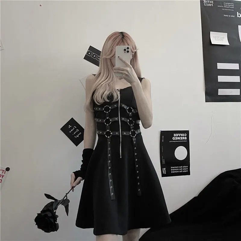 

HOUZHOU Goth Dress Sexy Black Dark Gothic Slip Mini Dress Harajuku Punk Zipper Sundresses Women Summer Vintage Sundress Fashion