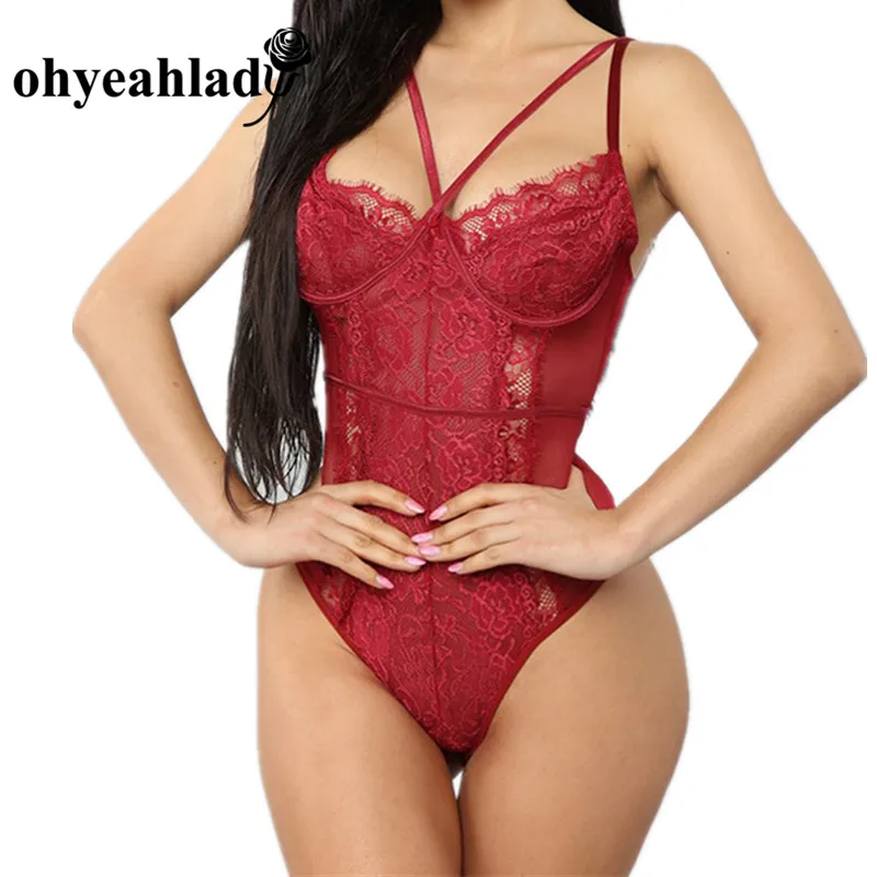 Ohyeahlady Bodycon Bodysuits Costume Sleeveless Mesh Patchwork Body Encaje Lace Perspective Sexy Women Hollow-out Fancy RJ80875