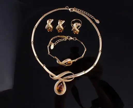 Свадебные золотые ювелирные наборы из Дубая ожерелье и браслет с кристаллами