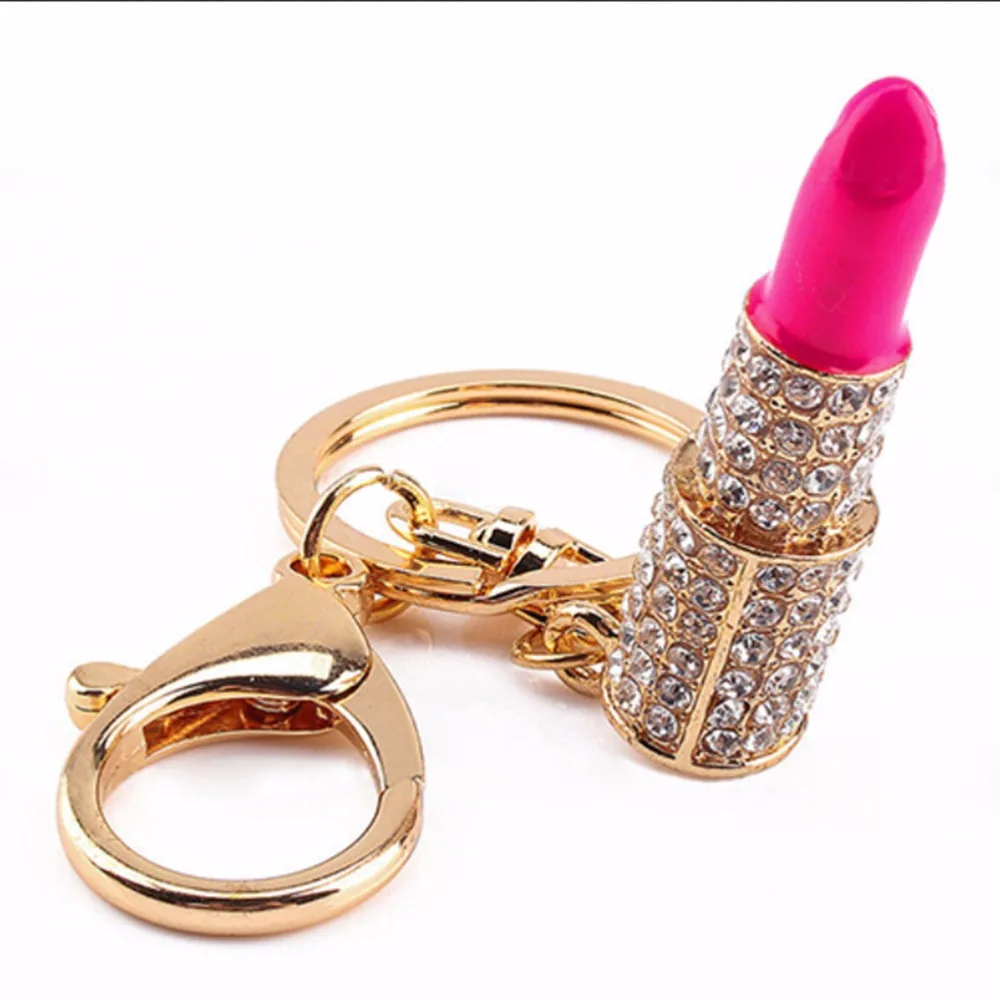 

KeyringKey Chain Gift Car Accessories Design 1Pc Crystal Rhinestone Lipstick Golden Charm Pendant Bag Purse Car