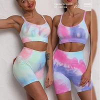 tie dye seamless yoga set women female two 2pcs piece crop top bra shorts sportwear workout outfit fitness gym suit clothing