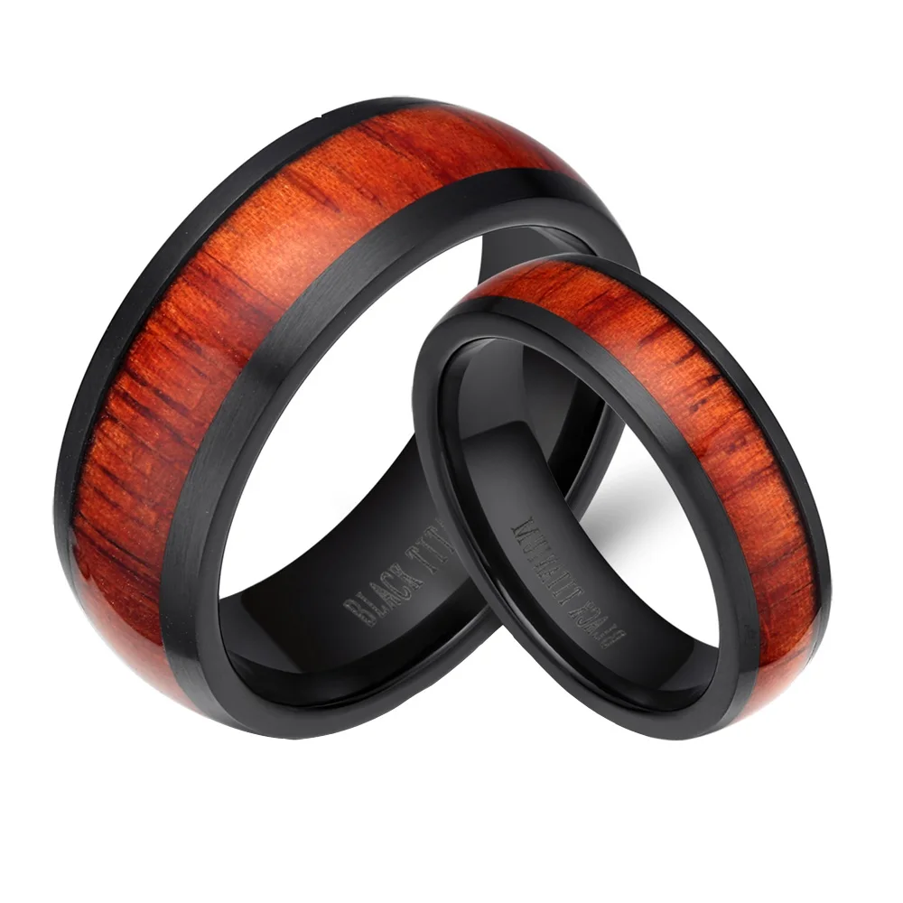

EAMTI 1pc 6/8mm Titanium Ring Set Black Wood Inlay Domed Wedding Band Comfort Fit Engagement Wooden Couple Rings For Women Men