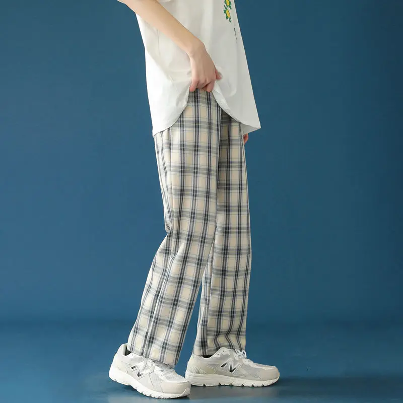 

Hip-Hop Straight Trousers Mens Cotton Thin Plaid Pants Men's Fashion Retro Casual Wide-Leg Pants Men Streetwear Korean Loose