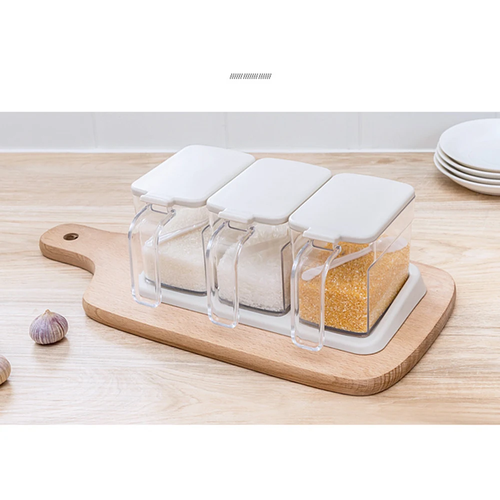 

3 Grid Seasoning Box With Spoon Spice Pots Transparent Seasoning For Spice Salt Sugar Cruet Storage Container