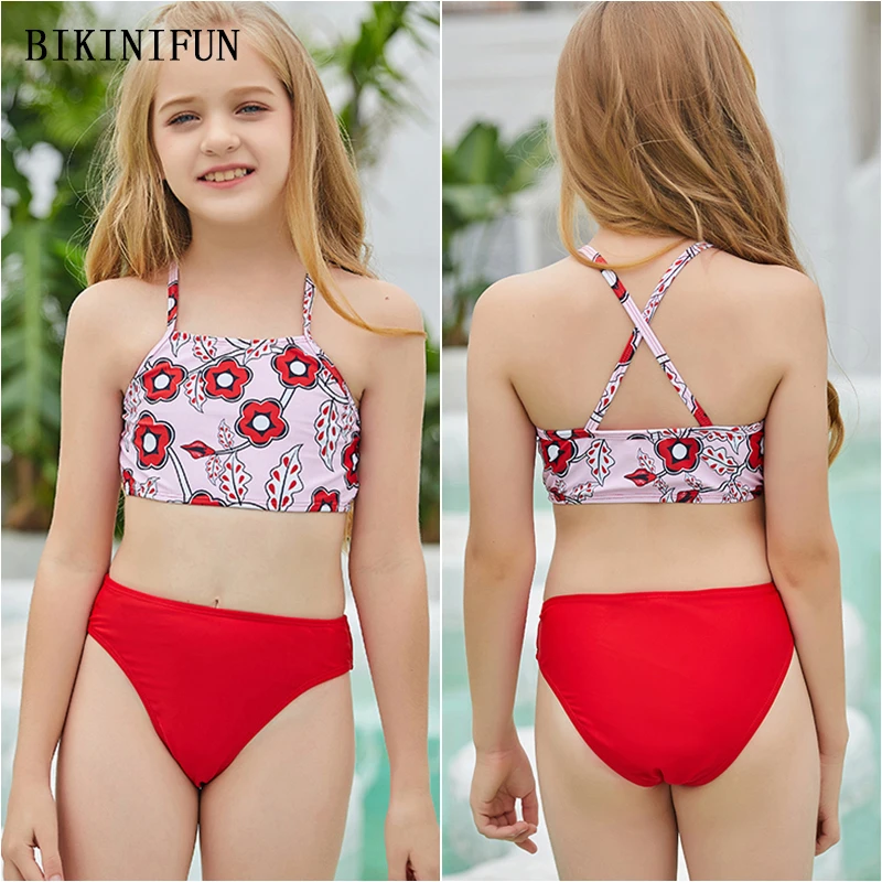 

New Lovely Floral Print Swimsuit Girl Backless Halter Beachwear Children 4-13 Years Teenager Swimwear Cross Back Bikini Set