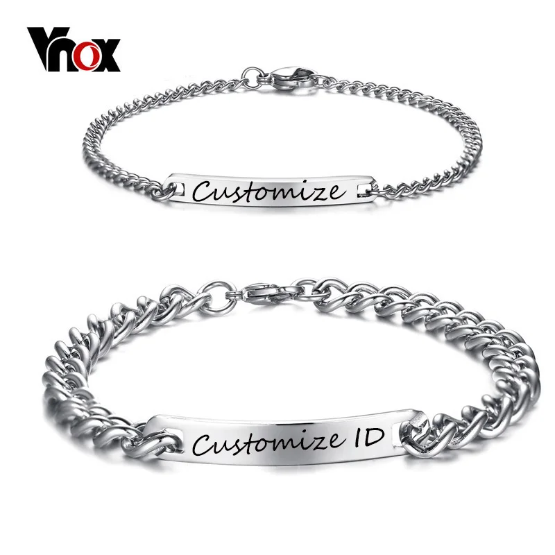 Vnox Free Engraving Customized Couple Promise Bracelet Stainless Steel Charm ID Bracelets for Women Men Personalized Pulseira