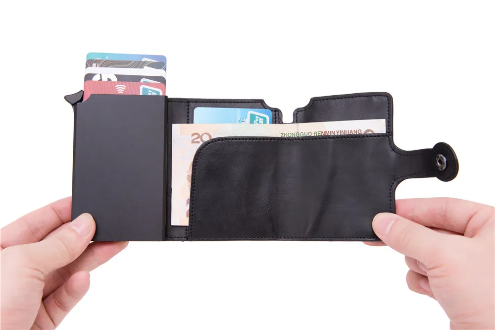 Bycobecy RFID дорожный кошелек портмоне высокое качество мужской Умный кошелек модная Кнопка сумка для денег металлический алюминиевый авто всплывающий