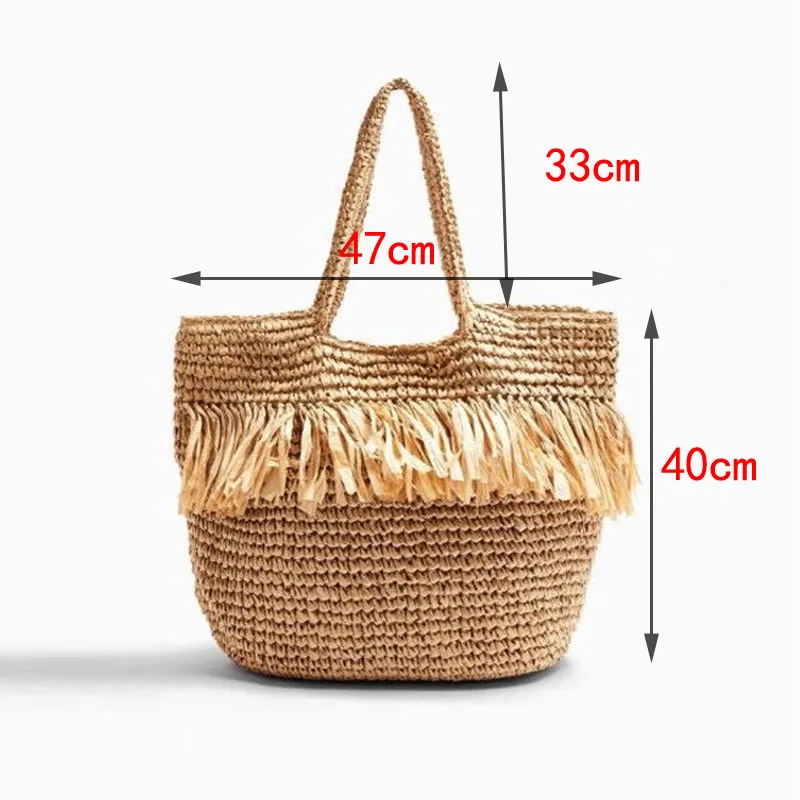 

Hand-Woven Bag Tassel Fashion Straw Woven Bag Seaside Vacation Beach Bag Shoulder Portable Large-Capacity Female Bags Tide