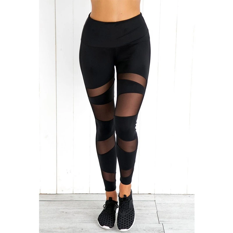 Черные Сетчатые лоскутные брюки карандаш с высокой эластичной талией леггинсы