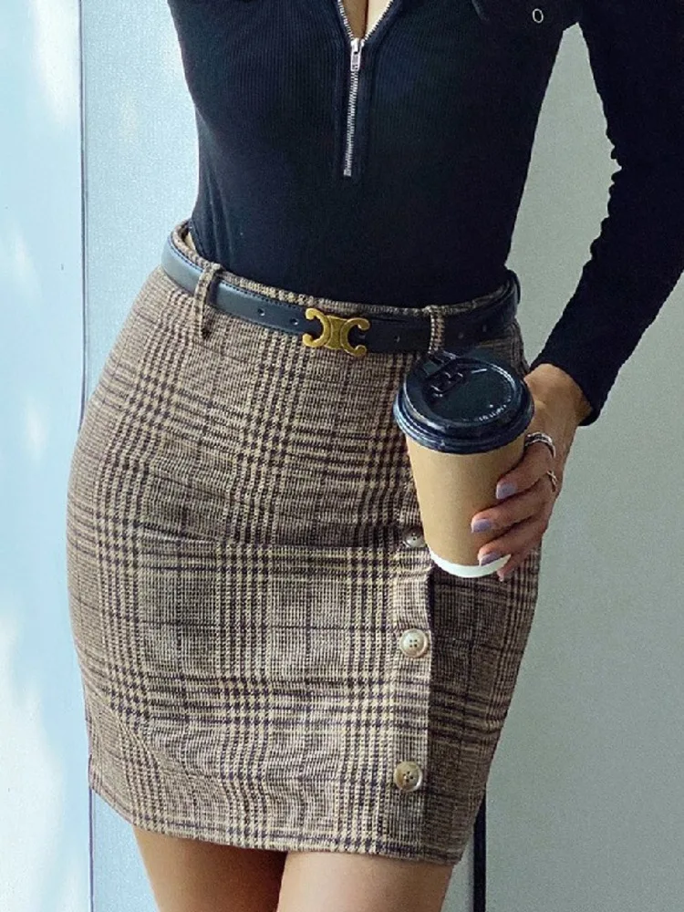 Юбка женская клетчатая из смешанной шерсти с имитацией пуговиц и высокой талией |