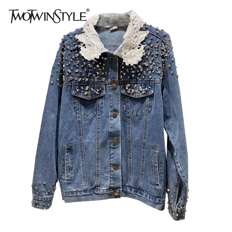 

TWOTWINSTYLE Blue Patchwork Diamond Jacket Female Lapel Long Sleeve Lace Loose Denim Jackets For Women Autumn Style 2021 New