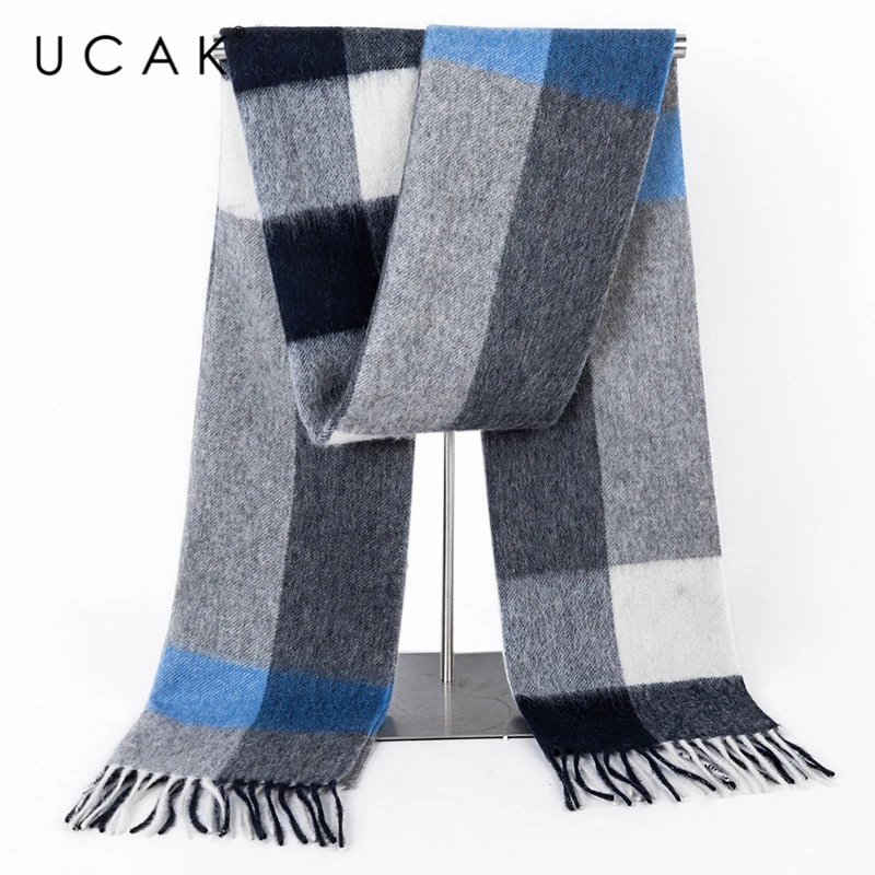 UCAK Brand Autumn Winter Warm Scarfs Soft Men Women Casual Plaid Pure Wool Scarf Shawl Wrap Knit Long Striped With Tassel A17