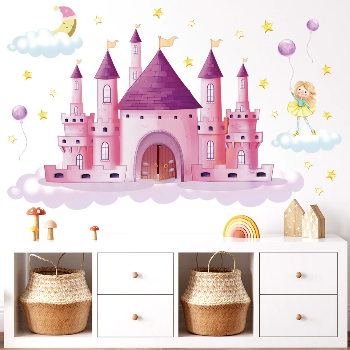 Pink Star Moon Castle Wall Stickers Children's Room Princess Bedroom Background Decoration Cartoon Wallpaper | Дом и сад