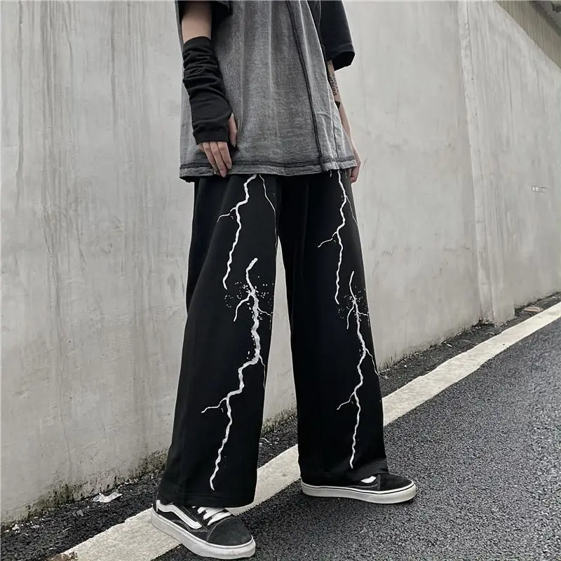 

casual pants Men summer new loose straight lightning print vintage sweatpants high street Men's trousers plus-size male clothing