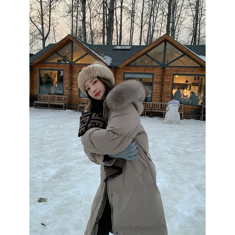 Женская парка на утином пуху длинное пальто с капюшоном и воротником из меха