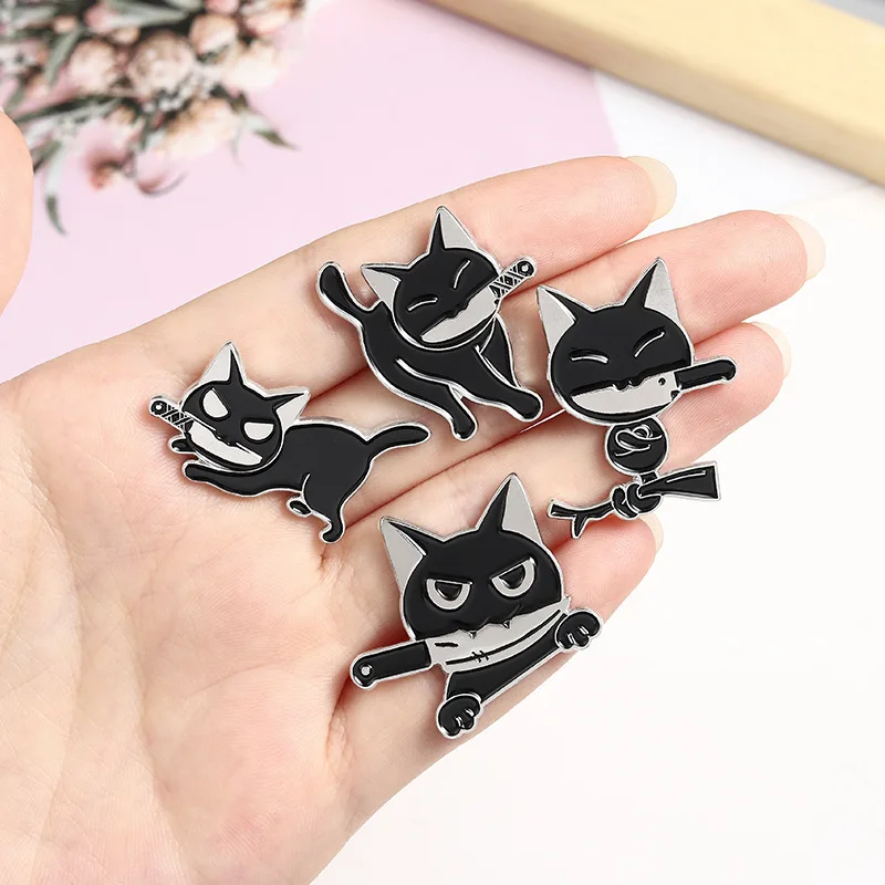 

Black Kitten Enamel Lapel Pins Cute Cartoon Kung Fu Knife Brooches Badges Fashion Animal Pin Gifts for Friends Jewelry Wholesale