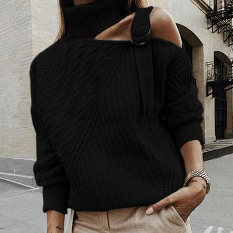2020 New Autumn Winter Sexy One shoulder Turtleneck Sweaters Casual Long Sleeve Lace-up Pullovers women All-Match Knitting Tops | Женская
