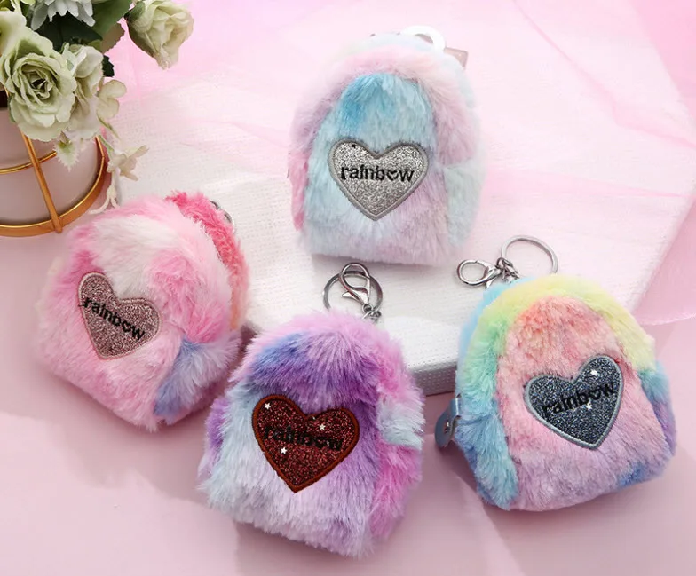 

Plushed heart shape rainbow cosmetic bag Creative change purse Colorful storage bag