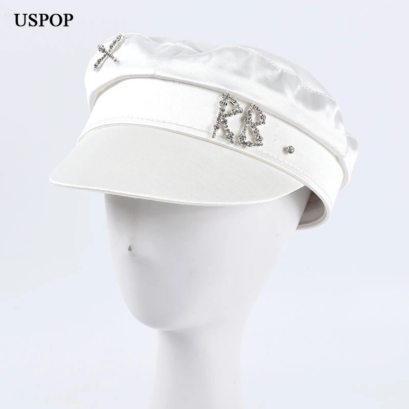 

Новинка 2020, весенне-летние кепки USPOP, женские атласные кепки газетчика, кепки ручной работы со стразами и надписью X RB, белые кепки в стиле мил...