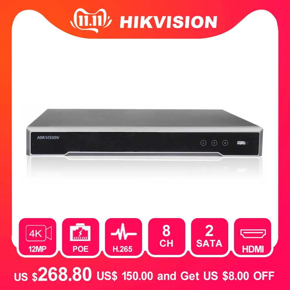 Hikvision 8ch CCTV рекордер PoE NVR DS-7608NI-I2/8 P 8-канальный встроенный Plug& Play 4K сетевой видеорегистратор с 8 PoE портом H.265